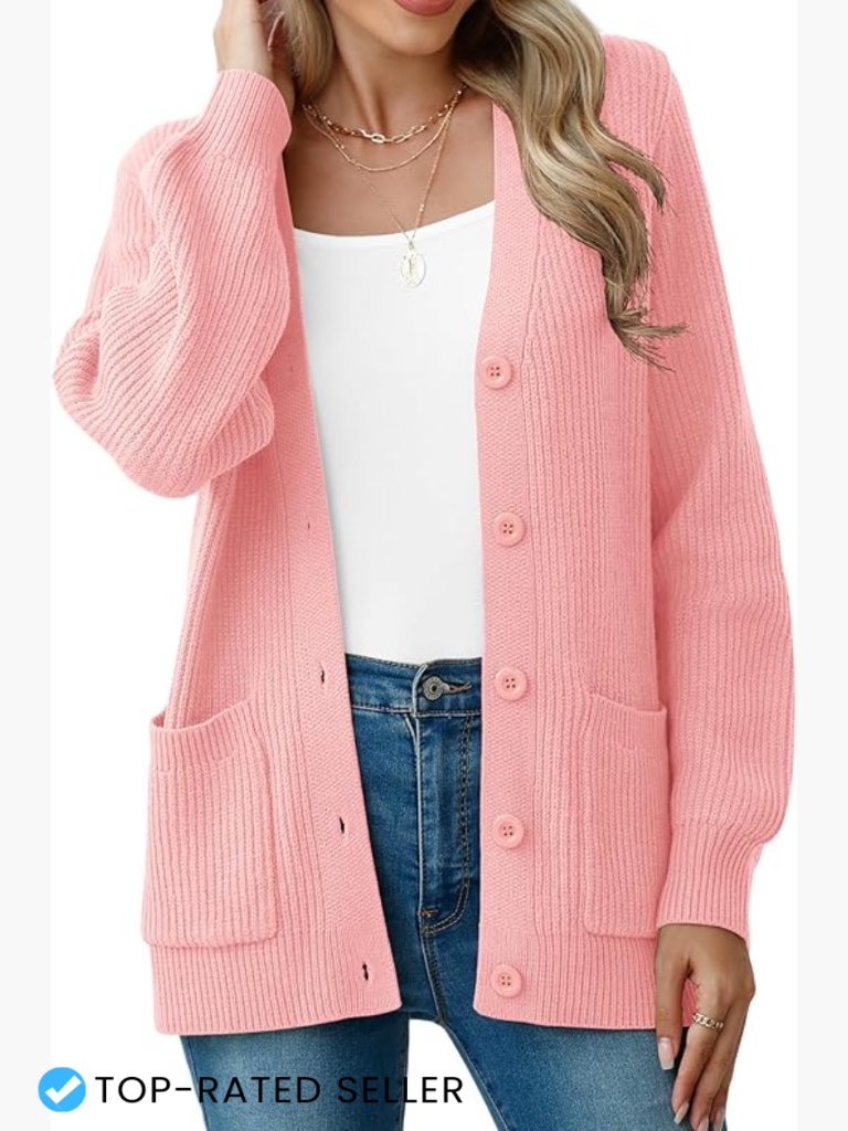 Chunky Knit Cardigan Sweater V-Neck Long Sleeve Button Up With Pockets Soft
